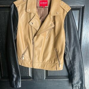 GUESS Tan and Black Leather Jacket for Women